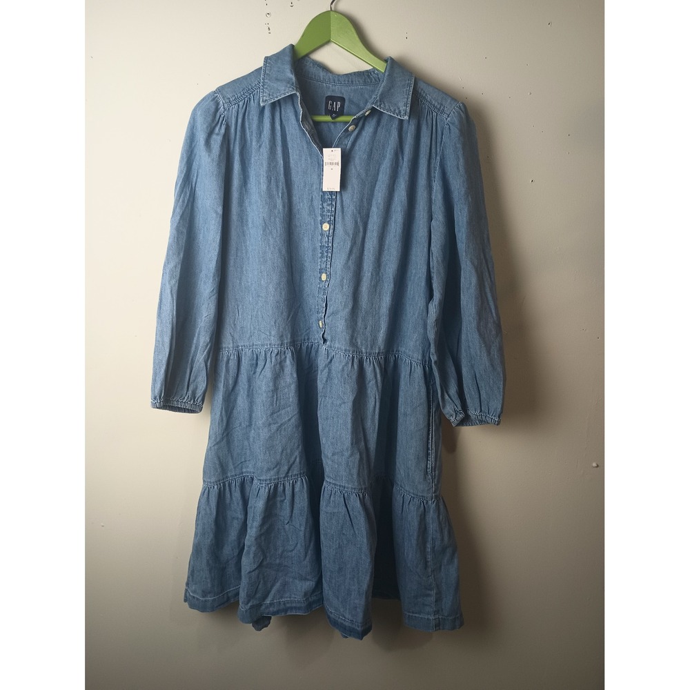 Gap Womens Blue Denim Tiered Shirt Dress Light Wash Cotton Mini Size M NWT